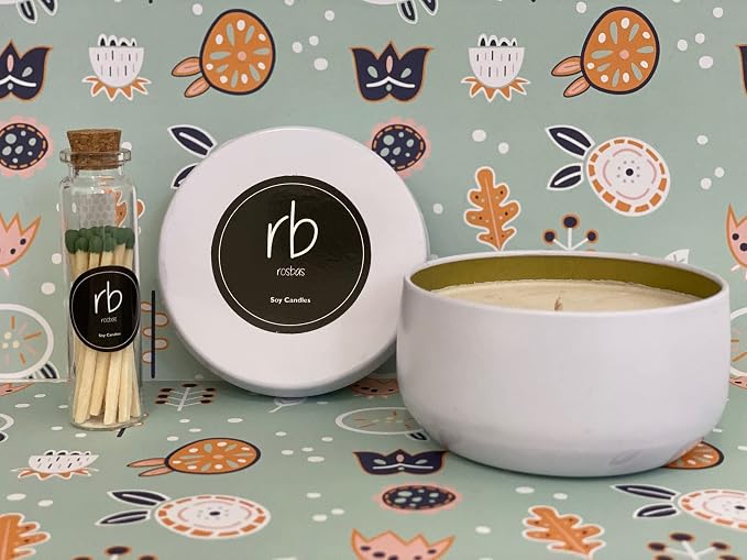 rosbas Lavender Soy Wax Candle - 6 oz Tin in Drawstring Cotton Bag - Clean Burning for Relaxation and Sleep - White - Made in USA