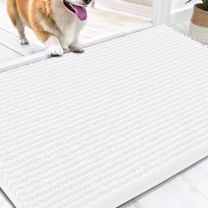 OLANLY Dog Door Mat for Muddy Paws 34x21, Extra Absorbent Chenille Mud Mat | White, Absorbs Moisture and Dirt, Non-Slip Machine Washable Doormat, Quick-Drying Indoor Entryway Floor Mat for Dogs