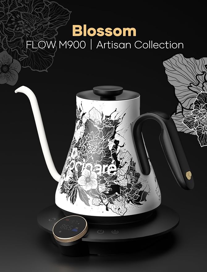 Cocinare Gooseneck Electric Kettle, ±0.5°F Precise Temperature Control, 1500W Fast Heating, Pour-Over Coffee & Tea, Stainless Steel, 0.9L (Artisan Blossom Design)