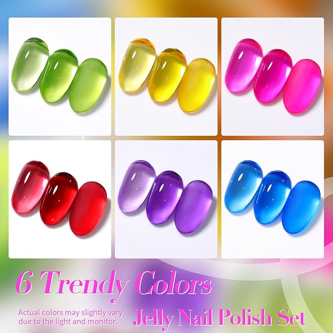 Born Pretty Neon Jelly Nail Polish Set, 6 Colors Spring Summer Ice Jelly Neon Nail Polish Quick Dry Fingernail Polish Kit Crystal Transparent Hot Pink Yellow Green Blue Nail Lacquer Glossy Polish Set