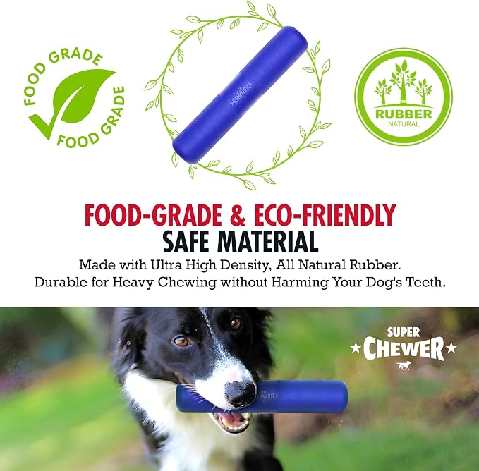 SuperChewer Tough Chew Stick Fetch Toy | Lifetime Replacement | Strong Natural Rubber | Smear Treats Inside To Excite Dogs | Ultra Durable Chewing Toy for Aggressive Chewers | For All Breeds