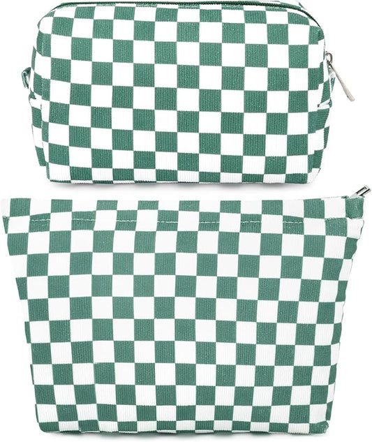 SOIDRAM 2 Pcs Checkered Makeup Bag Large Cosmetic Bag Toiletry Bag Makeup Pouch Travel Bag Organizer Cute Makeup Brushes Aesthetic Accessories Storage Bag for Women Olive Green