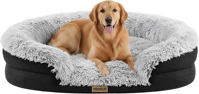 Fluffy Orthopedic Dog Beds Large Sized Dog, 43" Bolster Sofa Bed | Soft plush faux fur,lowered entry,washable cover,waterproof liner,claming dog couch for x-large dogs,supportive bolster