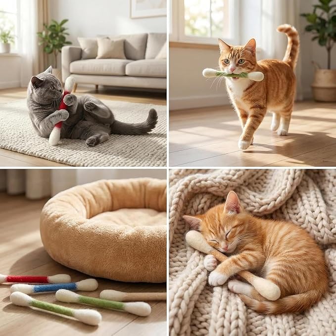 6Pcs Giant Cotton Swab Cat Toys with Organic Catnip | Durable Chew & Teething Sticks | Interactive Kitty Toys for Boredom Relief & Daily Exercise