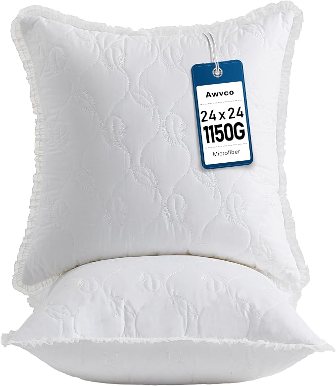 24 x 24 Throw Pillow Inserts with Lace Edge | Soft and Fluffy, Breathable Quilted Cotton Fabric - Decorative Pillows for Couch Sofa Bed, White, Pack of 2