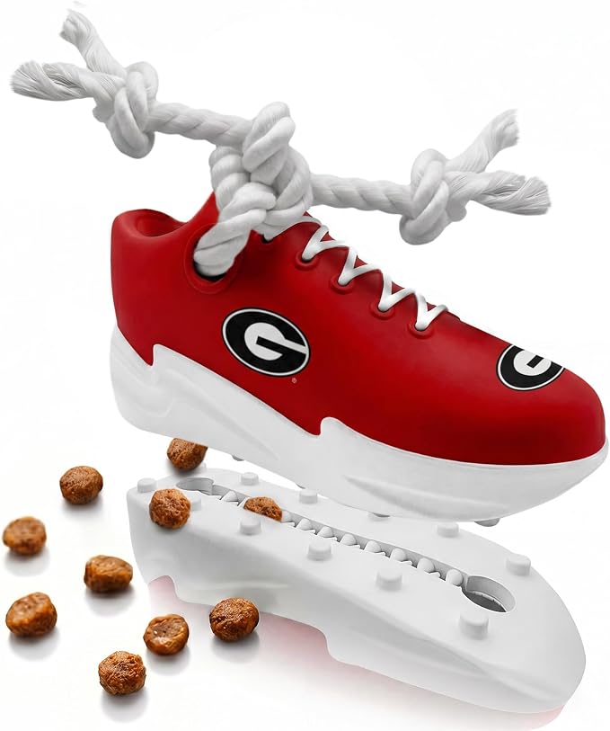 NCAA Georgia Bulldogs Cleat Sneaker Spike Dog Toy, Treat Dispenser Chew Toy for Dogs, Interactive Rope Tug Toy, Slow Feeder Natural Rubber Dog Toy with Official Team Logo for Puppies & Adult Dogs