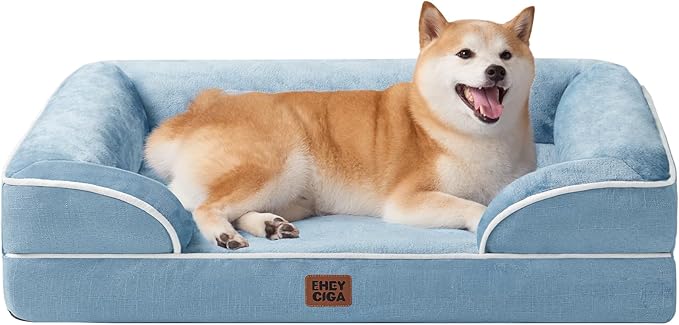 EHEYCIGA Orthopedic Dog Beds Large Sized Dog, Waterproof Washable Pet Bed | Non-Slip Bottom and Egg-Crate Memory Foam Dog Couch Bed with Washable Removable Cover, Washed Blue