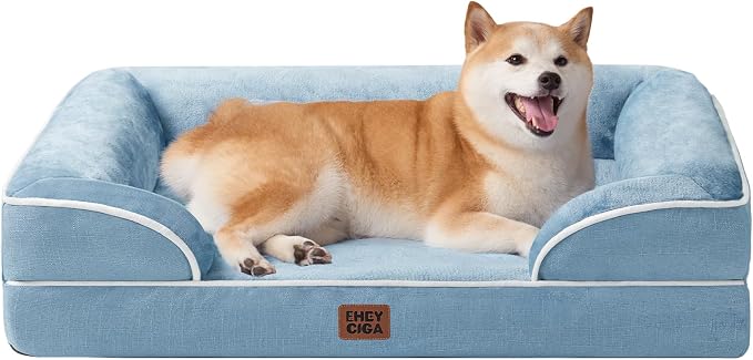 EHEYCIGA Orthopedic Dog Beds Large Sized Dog, Waterproof Washable Pet Bed | Non-Slip Bottom and Egg-Crate Memory Foam XL Dog Couch Bed with Washable Removable Cover, Washed Blue