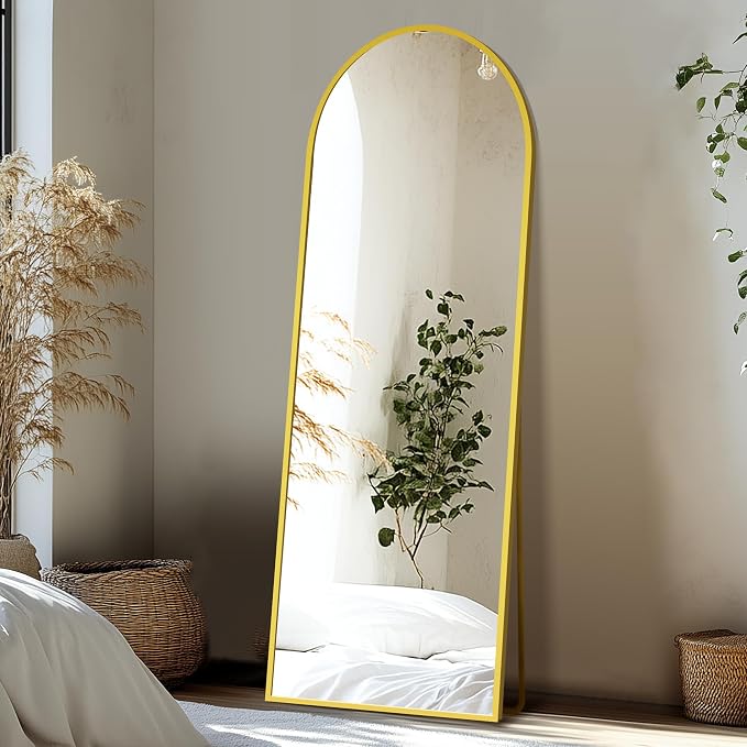 Full Length Mirror, Large Floor Mirror for Wall, Bedroom, Bathroom, Living Room with Aluminium Frame (Stand, Arch 56x15-Gold) | Aluminium alloy frame with HD float glass for distortion-free reflection. Free standing or wall mounted.