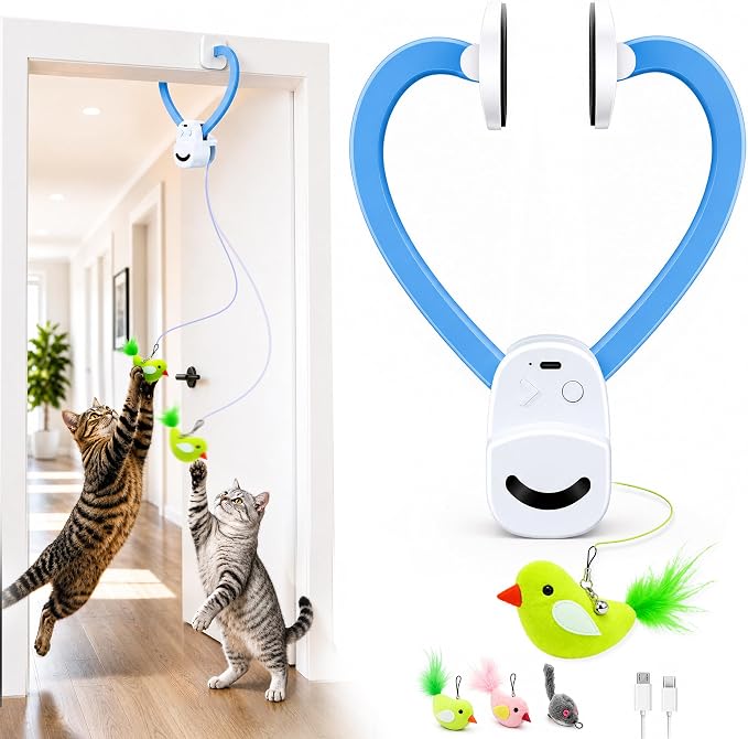 CATPICK Interactive Doorway Cat Toy, No-Adhesive Clip-On for Indoor Cats | Automatic Retractable bird-and-mouse motion with 8-minute auto-play, touch-to-wake response, USB charging, 2 birds & 1 mouse