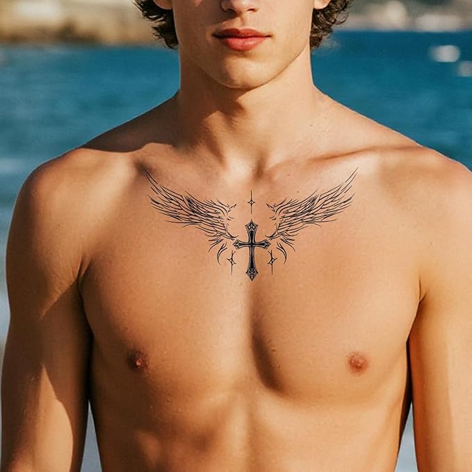 Semi Permanent Tattoo for Men(Large), 2 Sheets Angel Wing Tattoos(Cross), Lasts 7-15 Days, Develops Fully in 48H, Realistic, Waterproof and Non-Reflective, for Back Chest
