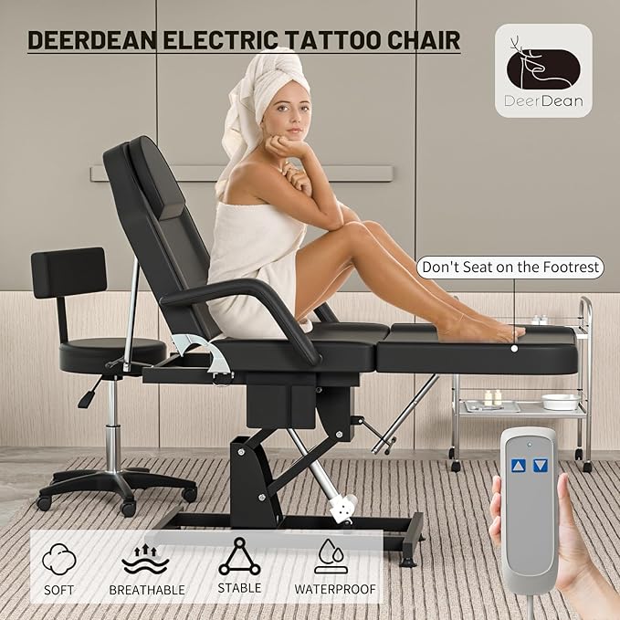 Electric Tattoo Bed + 13" Diameter Rolling Stool Combo | 3-Section Spa Table (24"-34") & Height-Adjustable Salon Chair (13.8"-21.7") for Artists