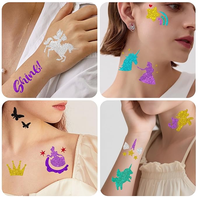 Temporary Tattoo Markers for Skin, 8 Temporary Tattoo Markers + 142 Princess Rainbow Tattoo Stencils for Kids Adults, Flexible Brush Tip & Bright Colors Marker and Tattoo Stencil Set for Party Favor