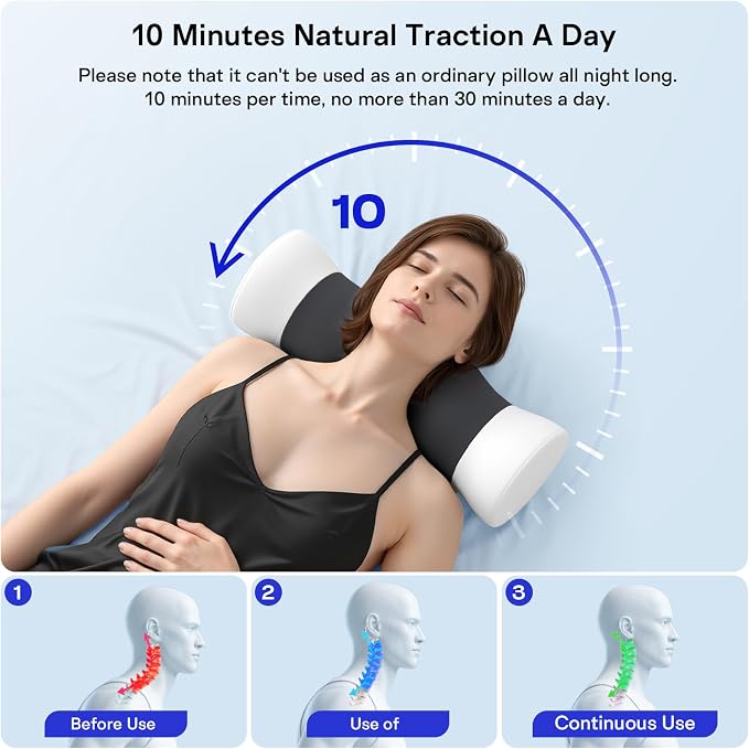 Neck Roll Pillow - Cooling Cover Round Neck Pillow for Sleeping - Memory Foam Cervical Support Pillow - Ergonomic Cylinder Pillows for Neck, Leg, Back, Yoga, Relaxing (Grey White)