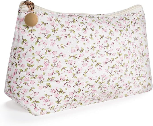 Quilted Cotton Makeup Bag, Coquette Quilted Toiletry Bag for Women and Girls, Floral Coquette Pouch, Cute Kawaii Travel Cosmetic Bags (Pink Floral)