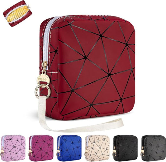 Period Bag for Teen Girls, PU Leather Sanitary Napkin Storage Bag, Menstrual Pad Bag Period Pouches Tampon Holder for Purse (Red)