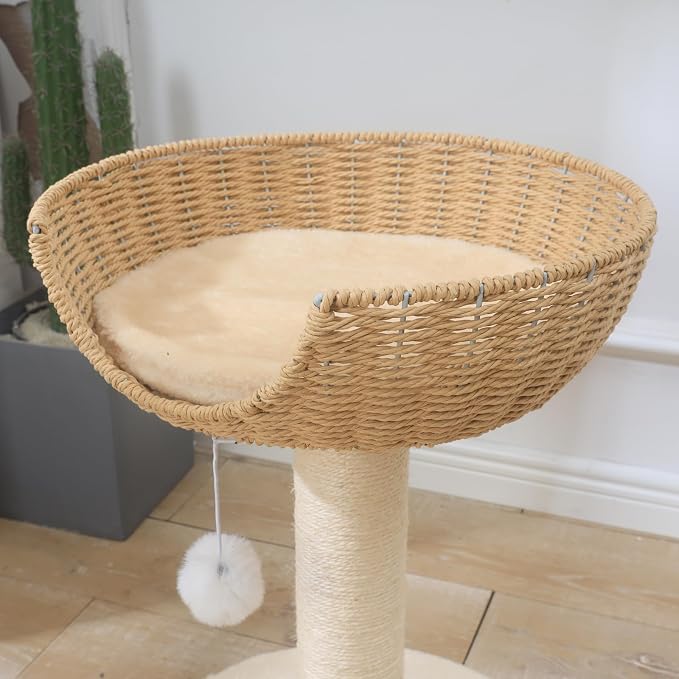 Cat Tree Tower with Rattan Weaving Cat Nests Washable Cushions Sisal Scratching Posts Window Perch for Large Cats up to 20LBS