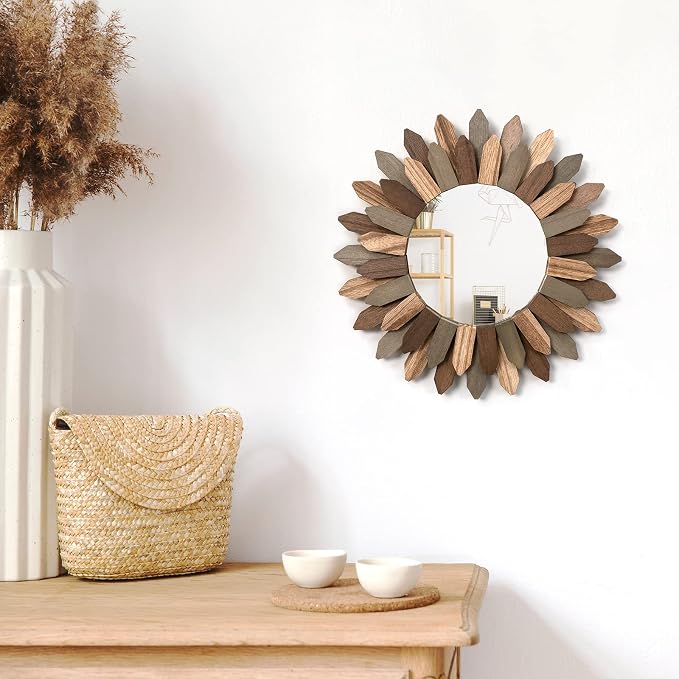 Boho Wall Decor Mirror 2 Pack 12 inch Rustic Wood Decorative Mirror for Room Decor Rustic Farmhouse Wall Decor for Bedroom Bathroom Living Room Entryway Tril Color