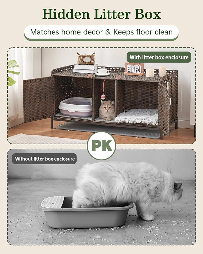 SETVSON Cat Litter Box Enclosure for 2 Cats, Litter Box Furniture, Brown | Beautiful Decorative Furniture Look, Sturdy Iron Frame, 3.2" Heightened Feet, Double Mats, S-Hooks Included, Double Doors