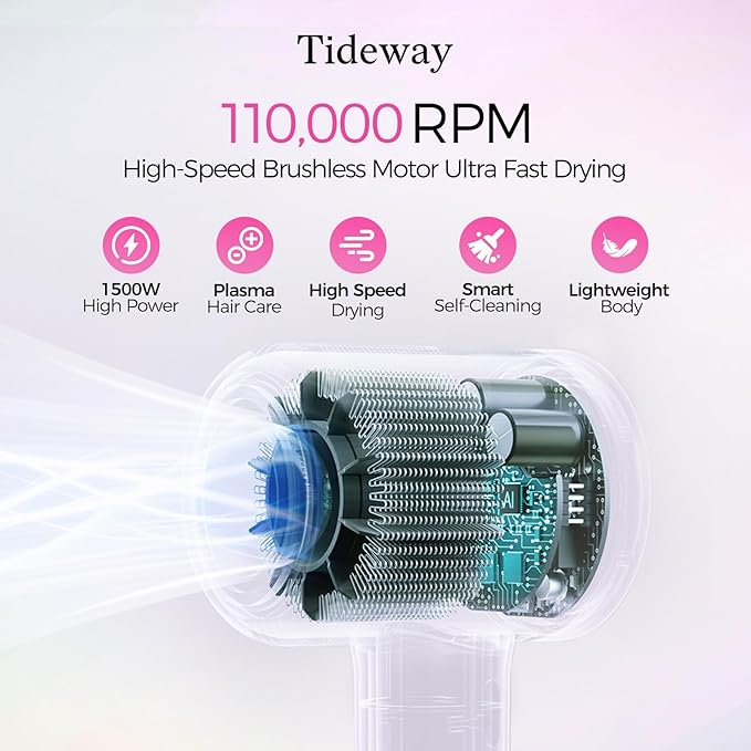 Tideway Hair Dryer Professional High-Speed Ionic Blow Dryer 110,000 RPM, Compact Hair Dryer with Magnetic Diffuser, Fast Drying with Brushless Motor Low Noise Smart Temperature Control-H11