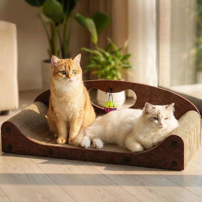 26" Cat Scratcher Bed, Large Scratcher Couch for Indoor Cats, Cardboard Scratcher Sofa, Durable Scratch Pad with Ball, Furniture Protector (Brown, Large)
