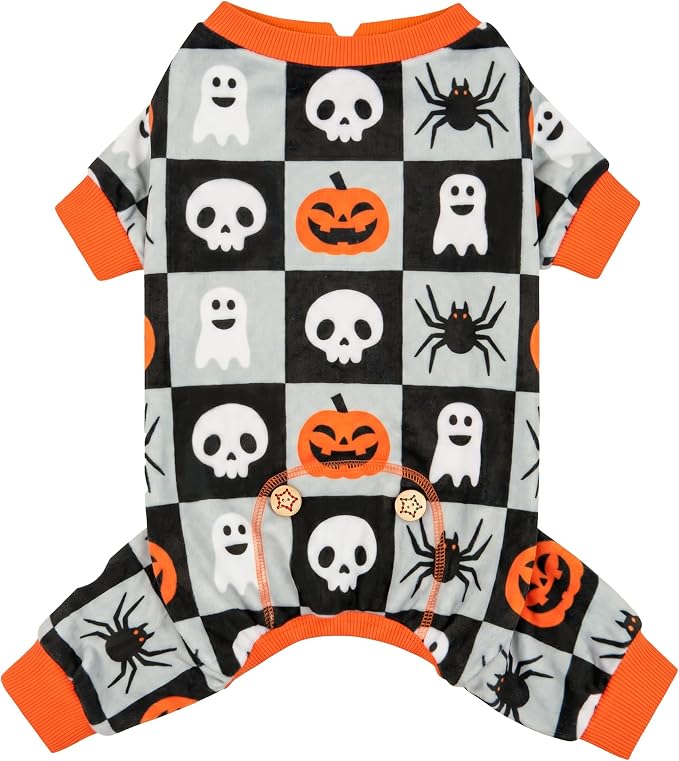 KYEESE Dog Halloween Pajamas for Small Dogs, Checkered Pumpkin Ghost | Cozy Halloween Outfit, Great for Halloween Photos, 4-Way Stretch, Lightweight & Breathable, Gentle on Sensitive Skin