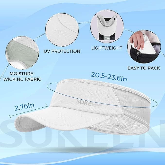 Sukeen Lightweight Sports Sun Visor Hat for Men Women | Packable, breathable, quick-dry, UPF50+ cooling visor hat, stretch fit, for running, tennis, golf, pickleball, softball