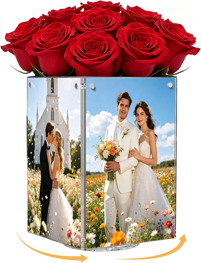 Rotating Acrylic Decorative Box for Table, 360° Acrylic Vase with 4 Sided Clear 4x6 Inch Picture Frame Photo Display Holder Table Numbers for Wedding Party, Replaceable Menu Holder for Restaurant