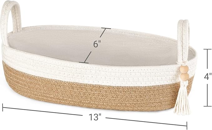 Mkono Toilet Paper Basket, Boho Bathroom Decor, Small Storage Organizer | Brown and White, 13"L x 6"W, Back of Toilet Basket, Decorative Woven Tray with Handles, Space-Saving, Living Room Bedroom