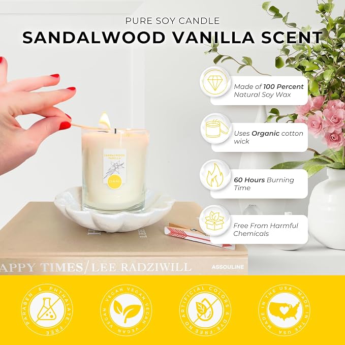 DANI Naturals Sandalwood Vanilla 100% Soy Wax Candle, Non-Toxic, 7.5oz | Vegan,soy wax candle,Clean-burning with organic cotton wick,Warm sandalwood vanilla scent,Made in USA