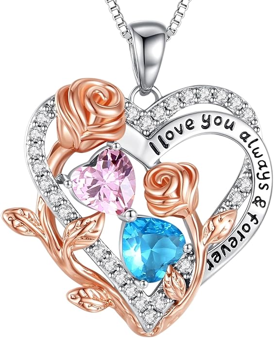 I Love You Birthstone Necklace, 925 Sterling Silver Heart Pendant with CZ Diamond Stones, Birthday Gifts for Women, Romantic Gift for Wife, Girlfriend, Her, Anniversary, Valentine's Day, Christmas