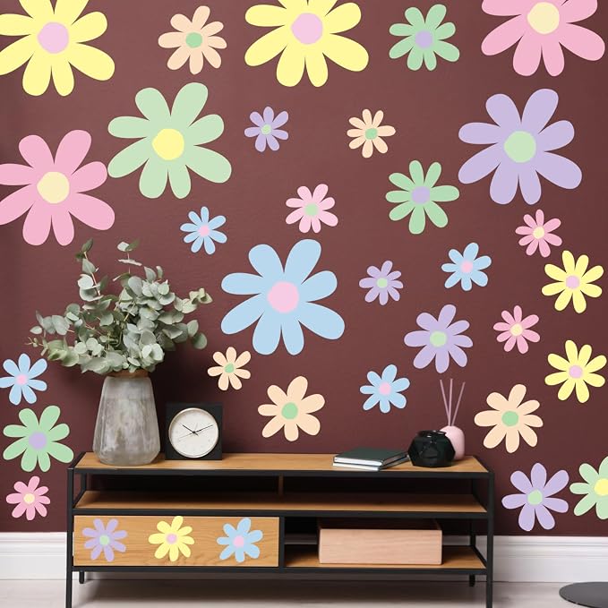 TaoBary 12 Sheet Daisy Wall Sticker Decal,Fresh Color,Attractive Style | Big Flower Wall Sticker, Pink White Floral Decal, Daisy Bedroom Room Decor, Removable Peel and Stick, Nursery Home Wall Decor