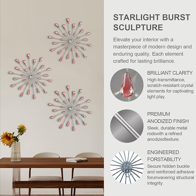 ZEXUIRU 3 Set Silver Starburst Wall Art for Home Decor Metal Bling Crystal Rhinestones Sunburst Wall Decor Sparkling Rhinestone Art Accent Silver - 13in