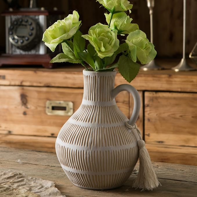 Mowtanco Rustic Ceramic Vase for Home Decor, Farmhouse Decorative Vases for Pampas Grass, Terracotta Vase with Tassel Design, Handle Flower Vase, Clay Vase for Living Room Decoration, 8 inch Tall