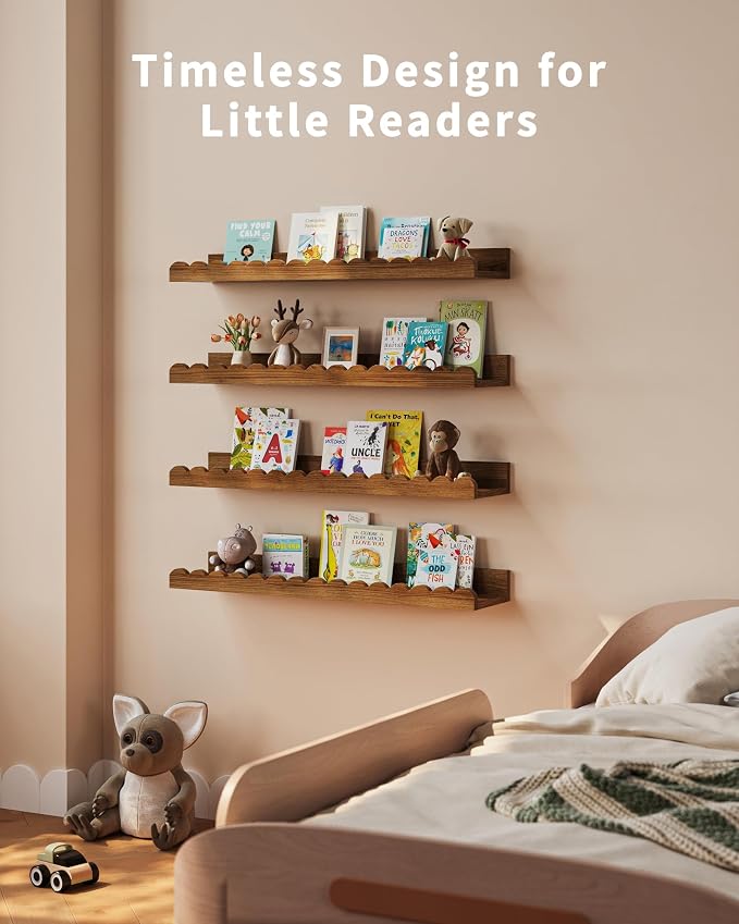 Shario Nursery Book Shelves, 4-Pack White Floating Shelves for Wall Kids, Scalloped Shelves, Wall Book Shelves for Bedroom Kids, Toddler Room, Baby Room, Nursery Decor