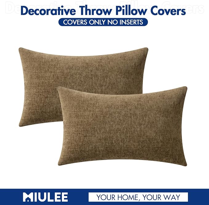 MIULEE Soft Chenille Fall Lumbar Throw Pillow Covers Coffee 12x20 Inch | Pack of 2, Modern Fall Decor, Classic Decorative Pillows, Solid Dyed Cases, Couch Cushion Covers for Sofa Bed Living Room