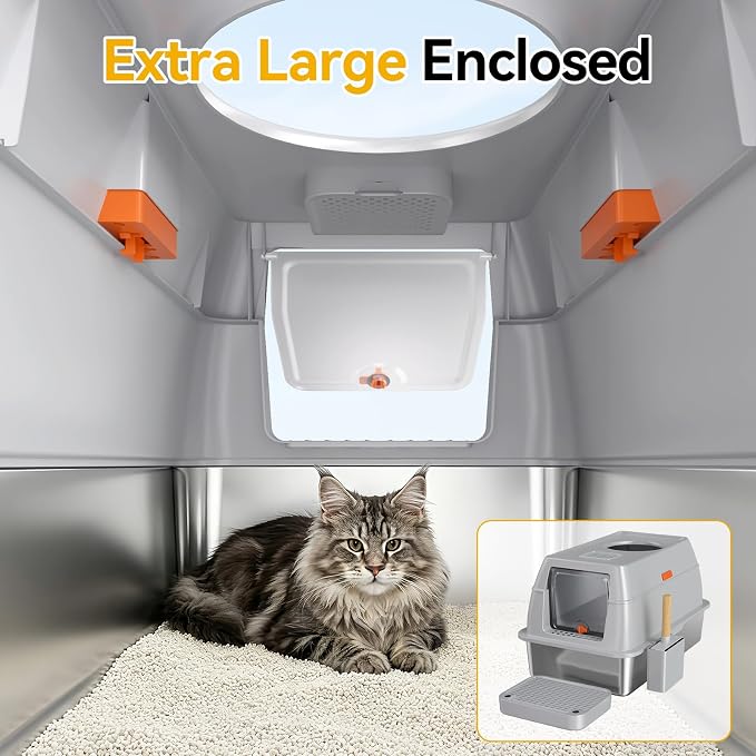 XL Enclosed Stainless Steel Litter Box with Lid, Light Gray | covered, High Sided, Rustproof & Leak Proof, Easy Clean, Odor Control, Includes Scoop & Step