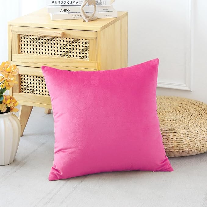 Artscope Luxury Velvet Pillow Covers Decorative Square Pillowcases Soft Solid Cushion Cases for Couch Sofa Bedroom Home Decor 18x18 Inch Hot Pink