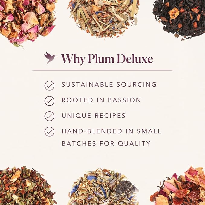 Herbal Tea Sampler – 5 Caffeine-Free Loose Leaf Blends for Sleep and Relaxation, Fruity and Dessert-Inspired Flavors, 75 to 100 Cups – Handcrafted in USA – Plum Deluxe