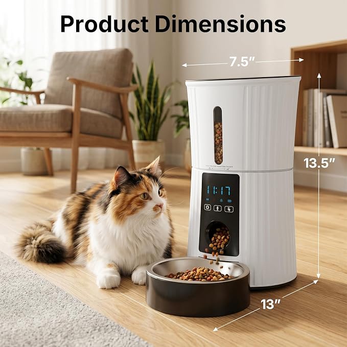 NEWBULIG 4L Automatic Cat Feeder with APP, 2.4G WiFi Pet Feeders - White | Applicable for Dry Food, 19.5 Cups, Programmable Schedule, 10 Meals/Day, 50 Portions/Meal, 10s Voice Recorder, Dual Power
