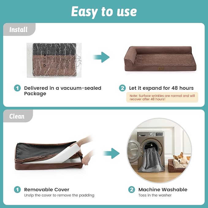 COZY KISS Orthopedic Dog Bed for Extra Large Dogs, L Shaped XL 44x32 inch | Non-Slip Bottom Soft Pet Sofa with Washable Removable Waterproof Cover, Egg-Crate Foam Couch with Portable Handle, Brown