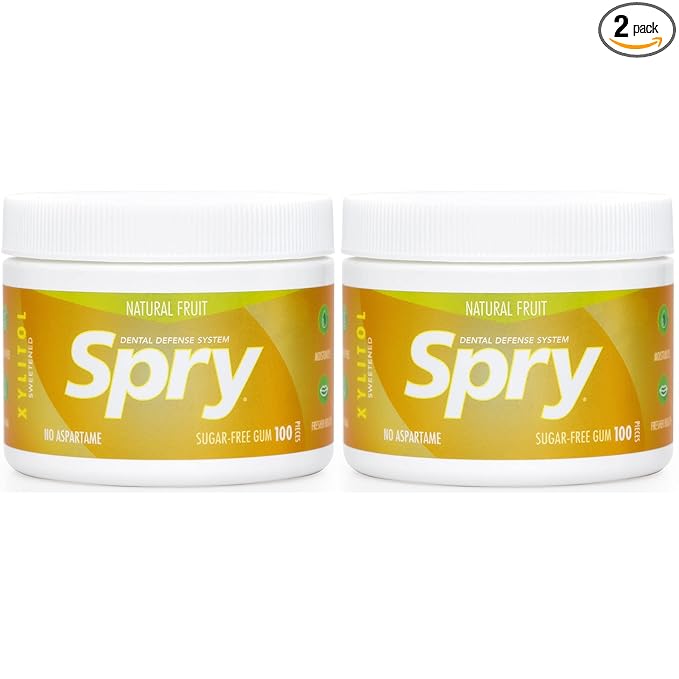 Spry Fresh Natural Xylitol Chewing Gum Dental Defense System - Aspartame-Free, Sugar-Free, Non-GMO, Gluten-Free (Fresh Fruit, 100 Count - Pack of 2)