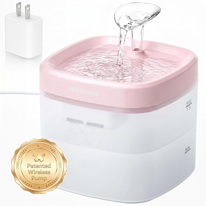 PAWGETHER® Cat Water Fountain with Wireless Pump 51oz/1.5L Dog Water Fountain, Ultra Quiet Automatic Pet Water Fountain Portable Indoor Ourdoor Travel Small Dog Water Dispenser with Adapter Pink