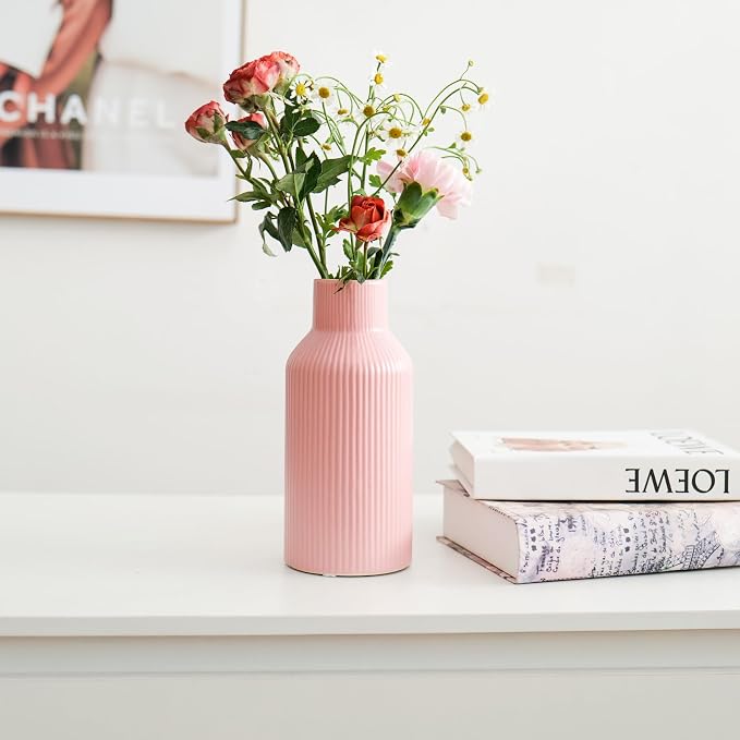Bohemian Pink Ceramic Vase - for Pampas Grass, Mantel, Bookshelf, Entryway and Living Room Decor (Pink, 8in)