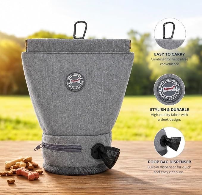 Dog Training Treat Pouch Kit with Clicker, Poop Bag Dispenser & 3 Bag Rolls, Portable Treat Training Pouch with Carabiner Clip, Gray