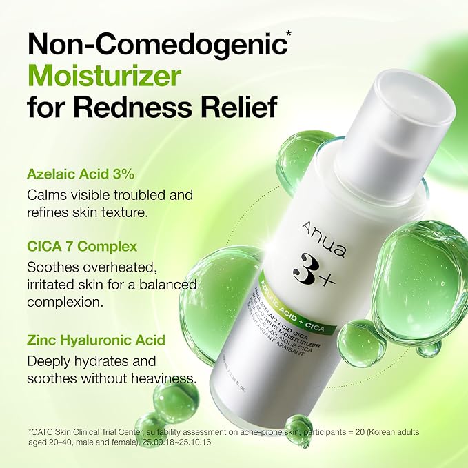 Anua Azelaic Acid CICA Skin Soothing Moisturizer, Lightweight & Redness Relief, for Acne Prone Skin, Fragrance Free, Korean Skincare, 3.38 fl oz