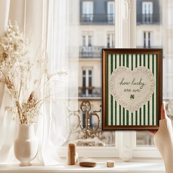 Framed How Lucky Are We Wall Art Vintage Inspirational Quotes Decor Print | Green Striped Lace Heart Aesthetic Painting Poster Trendy Preppy Canvas Picture for Bedroom Collage Ready to Hang 8x10in