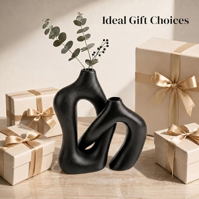 Dowan Black Vases for Decor,Hollow Ceramic Vase Set of 2,8.3" Nordic Modern Boho ins Style Decorative Ceramic Aesthetic Flower Vase for Home Decor Modern Minimalist Table, Entryway Centerpieces