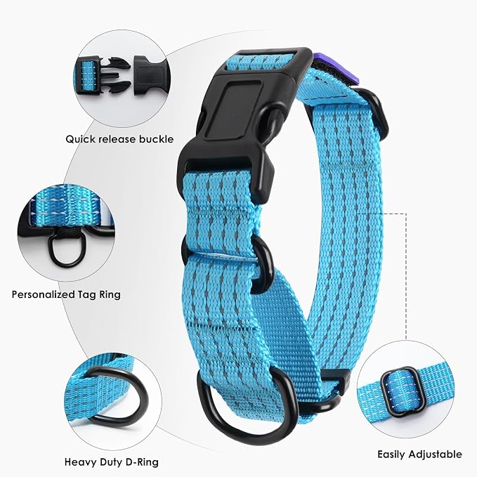 Martingale Dog Collar Reflective NO Pull with USA Flag, M,Sky Blue