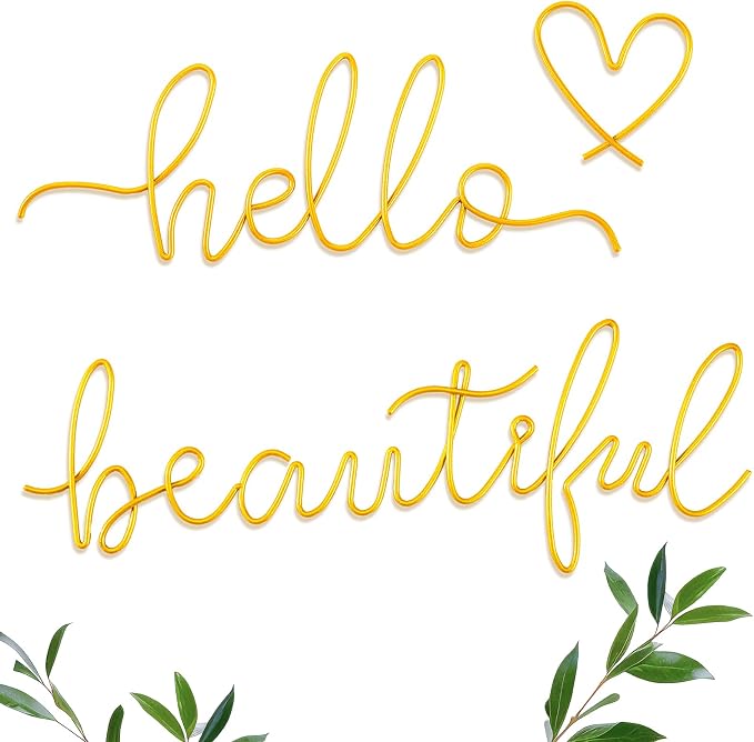 Hicarer Metal Hello Gorgeous Wall Art Minimalist Wall Decor,Gold,Beautiful | for Bedroom Bathroom Living Room Dressing Room Salon Vanity Office Home Decoration, Easy to Install